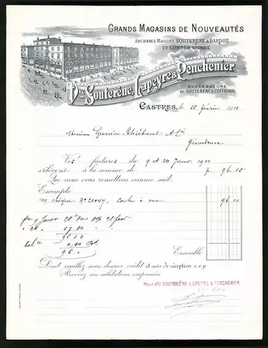 Rechnung Castres 1911, Grand Magasins de Nouveautes, Maison Souterene & Bardou et Combes Reunis, Geschäftshaus