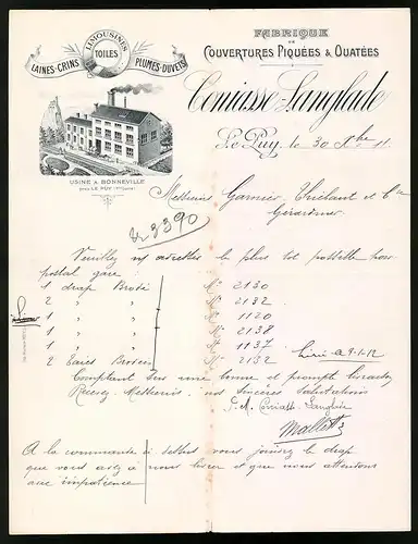 Rechnung Le Puy 1911, Fabrique Couvertures Piquees & Ouatees, Coniasse-Langlade, Werkshaus