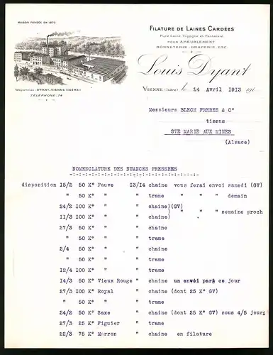 Rechnung Vienne / Isere, 1913, Filature de Laines Cardees, Louis Dyant, Blick auf das Werk