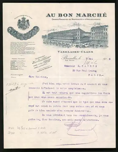 Rechnung Bruxelles 1913, Au Bon Marche, Grands Magasins de Nouveautes & d`Ameublements, Geschäftshaus