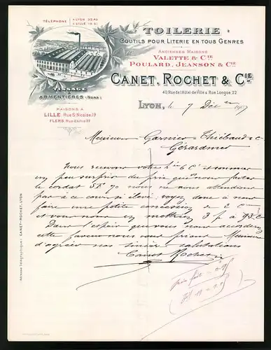 Rechnung Lyon 1909, Toilerie Coutils Pour Literie en Tous Genres, Cante, Rochte & Cie., Werksansicht