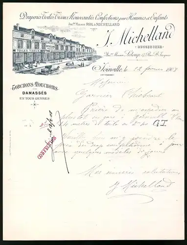 Rechnung Joinville 1908, Draperies, Toiles, Tissus, Nouveautes Confections, J. Michelland Suc., Geschäftshaus