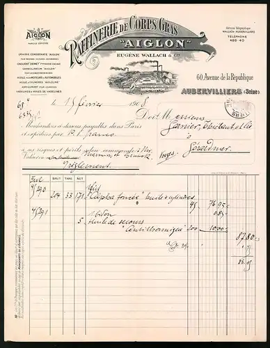 Rechnung Aubervilliers / Seine 1908, Raddinerie de Corps Gras Aiglon, Eugene Wallach & Cie., Werksansicht