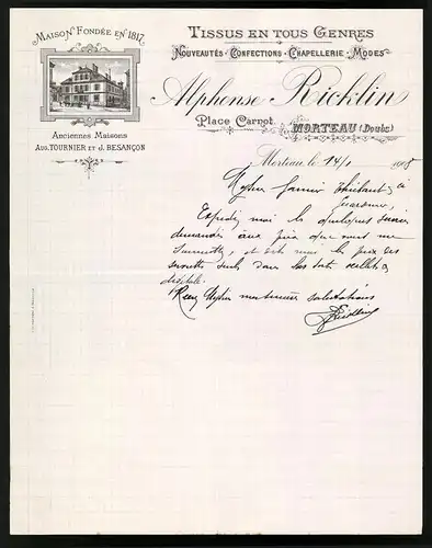 Rechnung Morteau / Doubs 1908, Tissus en Tous Genres, Nouveautes Confections Chapellerie Modes, Alphons Ricklin, Haus