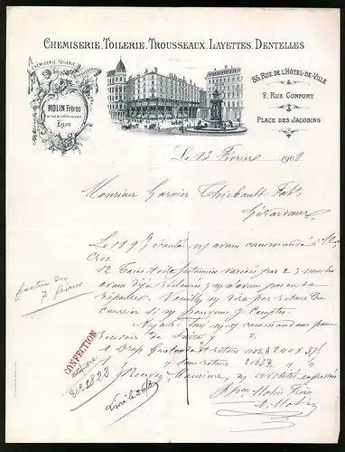 Rechnung Lyon 1908, Chemiserie, Toilerie, Trousseuax. Layettes, Dentelles, Molin Freres, Place des Jacobin mit Geschäft