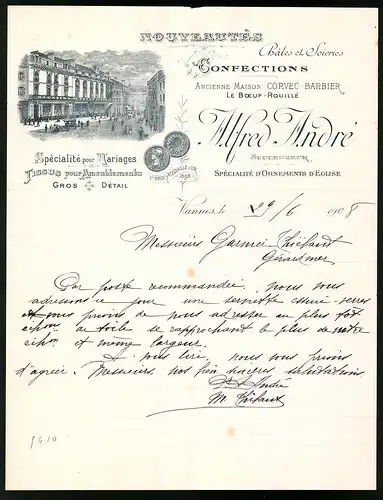 Rechnung Vannes 1908, Magasins de Nouveautes Chales et Soieries Confections, Alfred Andre, Geschäftshaus