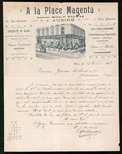 Rechnung Nice 1908, Ancienne Maiosn F. Dalmas, J. Audino, Geschäftshaus mit Strassenbahn am Place Magenta