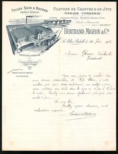 Rechnung La Rochelle 1903, Filature de Chanvre & de Jute, Tissage Corderie, Bertrand Migeon & Cie., Werksansicht