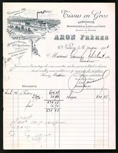 Rechnung Nancy 1904, Tissus en Gros, Aron Freres, Specialite Bonneterie en Laine & en Coton, Werksansicht