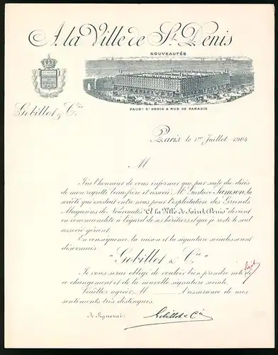 Rechnung Paris 1904, A la Ville de St. Denis, Grands Magasins de Nouveautes, Gobillot & Cie., Blick auf das Verkaufshaus