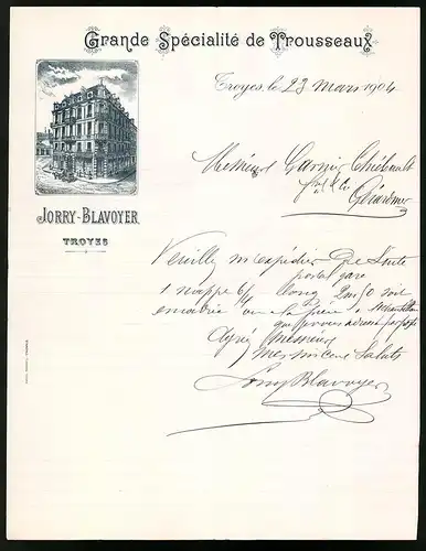 Rechnung Troyes 1904, Grande Specialite de Trousseaux, Jorry-Blavoyer, Blick auf das Geschäfsthaus