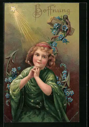 Präge-AK Hoffnung, Kind vor einem Anker mit Blumen, Allegorie