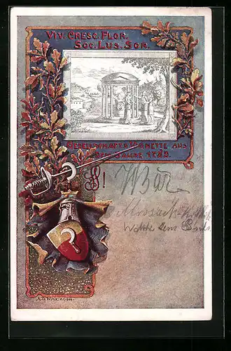 AK Viv. Cresc. Flor. Soc. Lus. Sor., Gesellschafts Vignette aus dem Jahre 1783, Frauen am Feuer, Studentenwappen