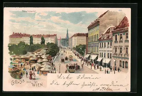 Lithographie Wien, Naschmarkt mit Strassenbahn