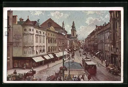 AK Linz a. D., Strassenbahn auf der Landstrasse