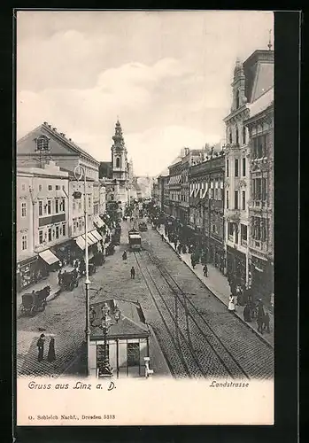 AK Linz a. D., Landstrasse mit Strassenbahn