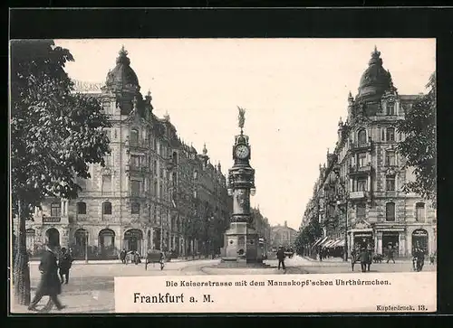 AK Frankfurt a. M., Kaiserstrasse mit dem Mannskopf`schen Uhrthürmchen, Strassenbahn