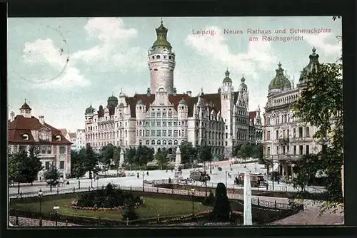AK Leipzig, Neues Rathaus und Schmuckplatz am Reichsgericht, Strassenbahn