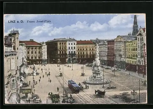 AK Linz a. D., Franz Josef-Platz mit Strassenbahn