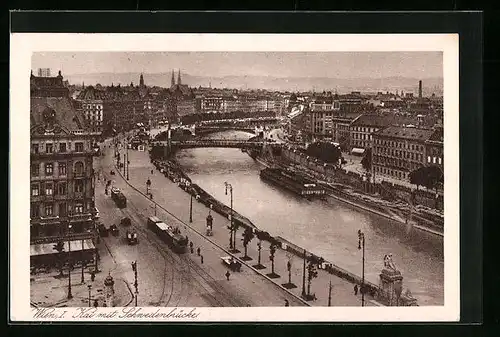 AK Wien, Kai mit Schwedenbrücke und Strassenbahn