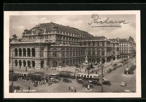 AK Wien, Staatsoper aus der Vogelschau, Strassenbahn