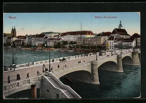 AK Basel, Mittlere Rheinbrücke mit Strassenbahn