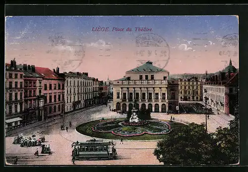 AK Liège, Place du Theatre, Strassenbahn