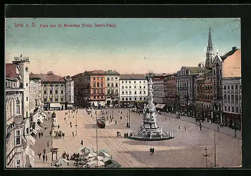 AK Linz a. D., Platz des 12. November aus der Vogelschau, Strassenbahn