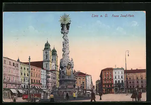 AK Linz a. D., Franz Josefs-Platz mit Säulendenkmal und Strassenbahn