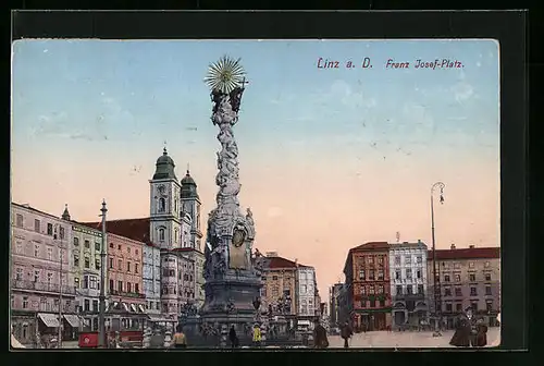 AK Linz a. D., Franz Josefs-Platz mit Säulendenkmal und Strassenbahn