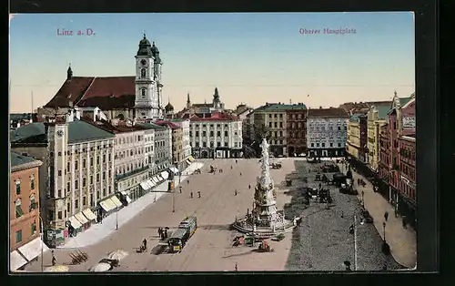 AK Linz a. D., Oberer Hauptplatz aus der Vogelschau, Strassenbahn