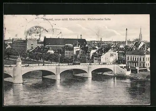 AK Basel, neue mittl. Rheinbrücke (Kleinbaseler Seite), Strassenbahn