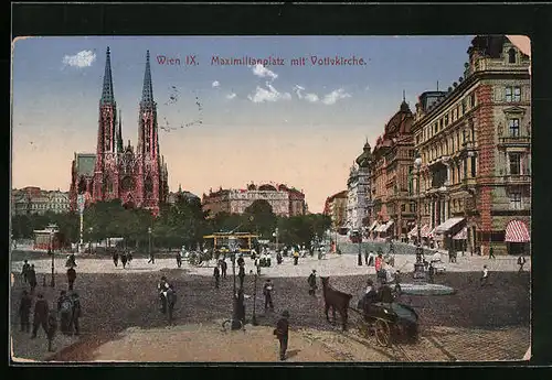 AK Wien, Maximilianplatz mit Votivkirche und Strassenbahn