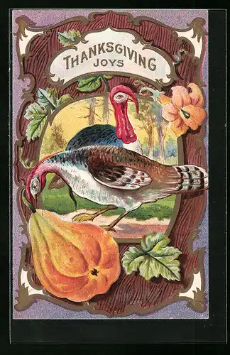 Präge-AK Truthahnpaar und Kürbis, Thanksgiving