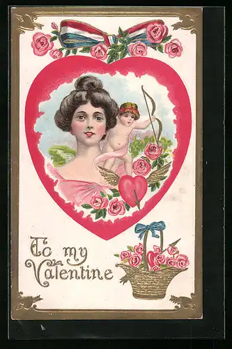 Präge-AK Dame mit Amor auf der Schulter