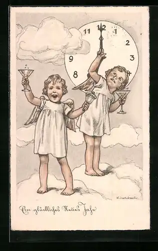 AK Neujahrsengel mit Sekt im Himmel