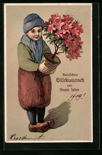 AK Kind mit Blumentopf, Neujahr