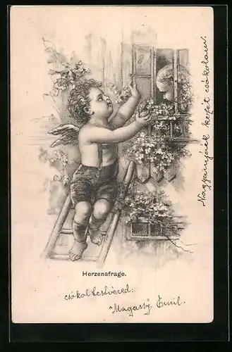 AK Bayrischer Amor auf Leiter am Fenster