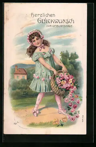 Präge-AK Mädchen mit Korb voll Rosen, Geburtstag