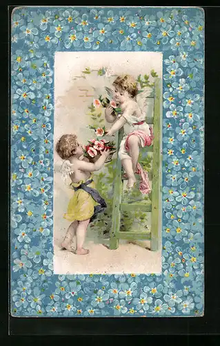 AK Engel mit Leiter und Blumen