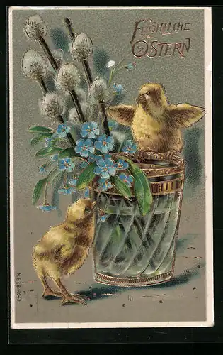AK Osterküken neben Blumenvase mit Weidenkätzchen