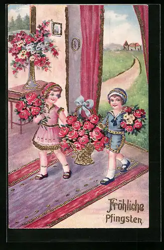 AK Kinder mit Blumenkorb an Pfingsten