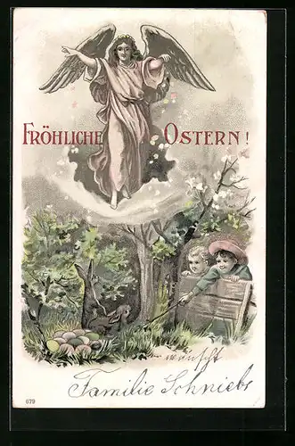 AK Osterengel wacht über Kinder und Osterhasen