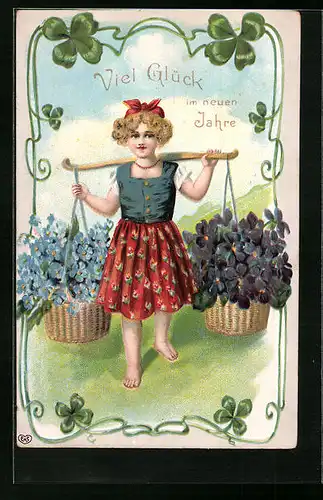 AK Mädchen mit Körben voller Blumen, Neujahr