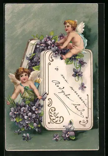 AK Amor und Engel an Schachtel voller Veilchen