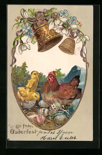 Präge-AK Osterküken mit Henne und Glocken