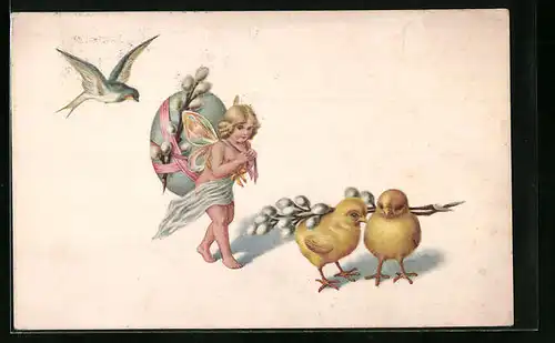 AK Osterküken und Engel mit Schwalbe