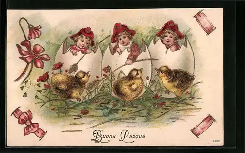 AK Kinder in Eiern mit Osterküken
