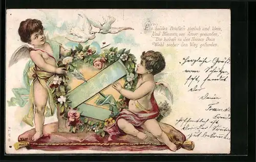 AK Amor und mit Blumen gesäumtes Herz