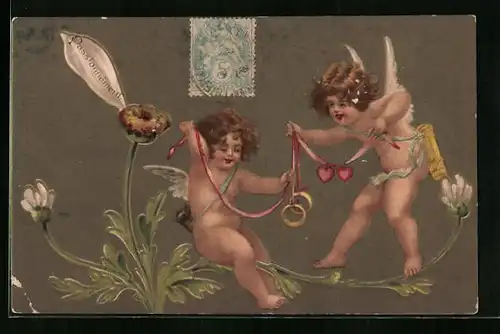 AK Amor mit Eheringen und Blumenorakel